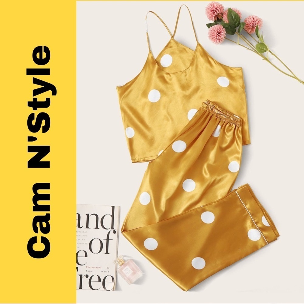 New Yellow Polka Dot Satin Silk-Like Pajama Set​
